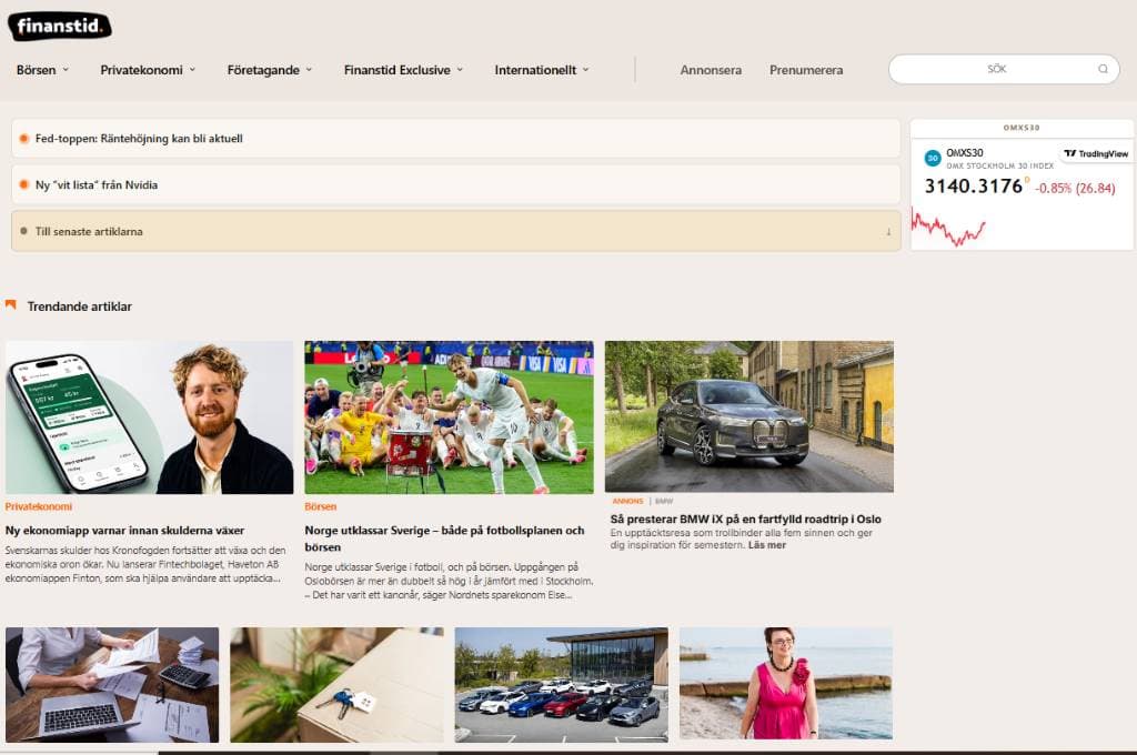Idag: modern startsida med trendande artiklar och live börsindex (OMXS30) direkt på sidan.