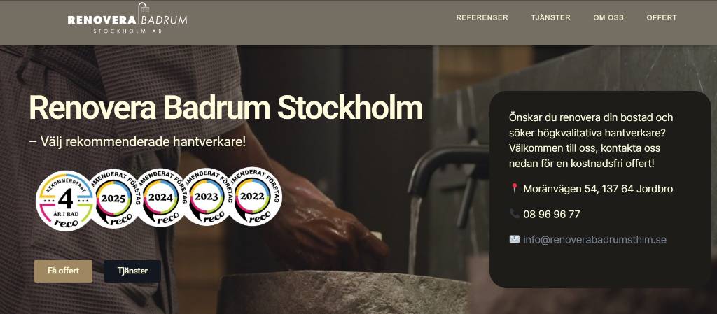 Startsidan: tydlig profil, Reco-utmärkelser fyra år i rad och en direkt väg till offert.